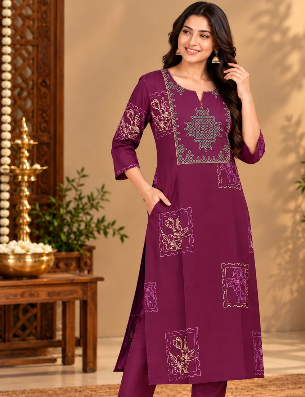 Plum Purple Side Cut Kurti with Neck Kolam Embroidery & Stamp Floral Print HCK41