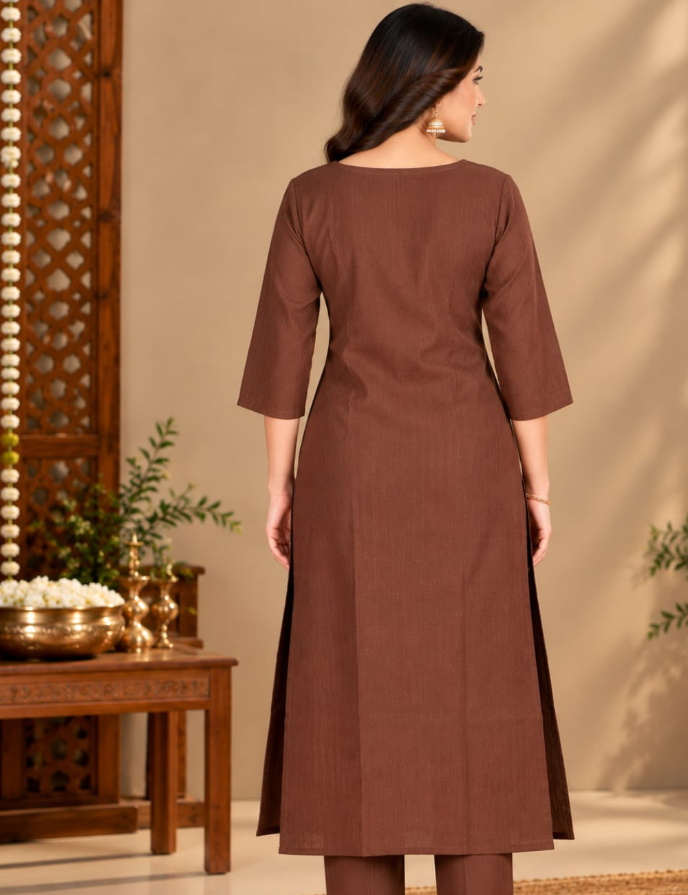 Deep Brown Side Cut Kurti with Traditional Yoke Embroidery & Side Pocket HCK37