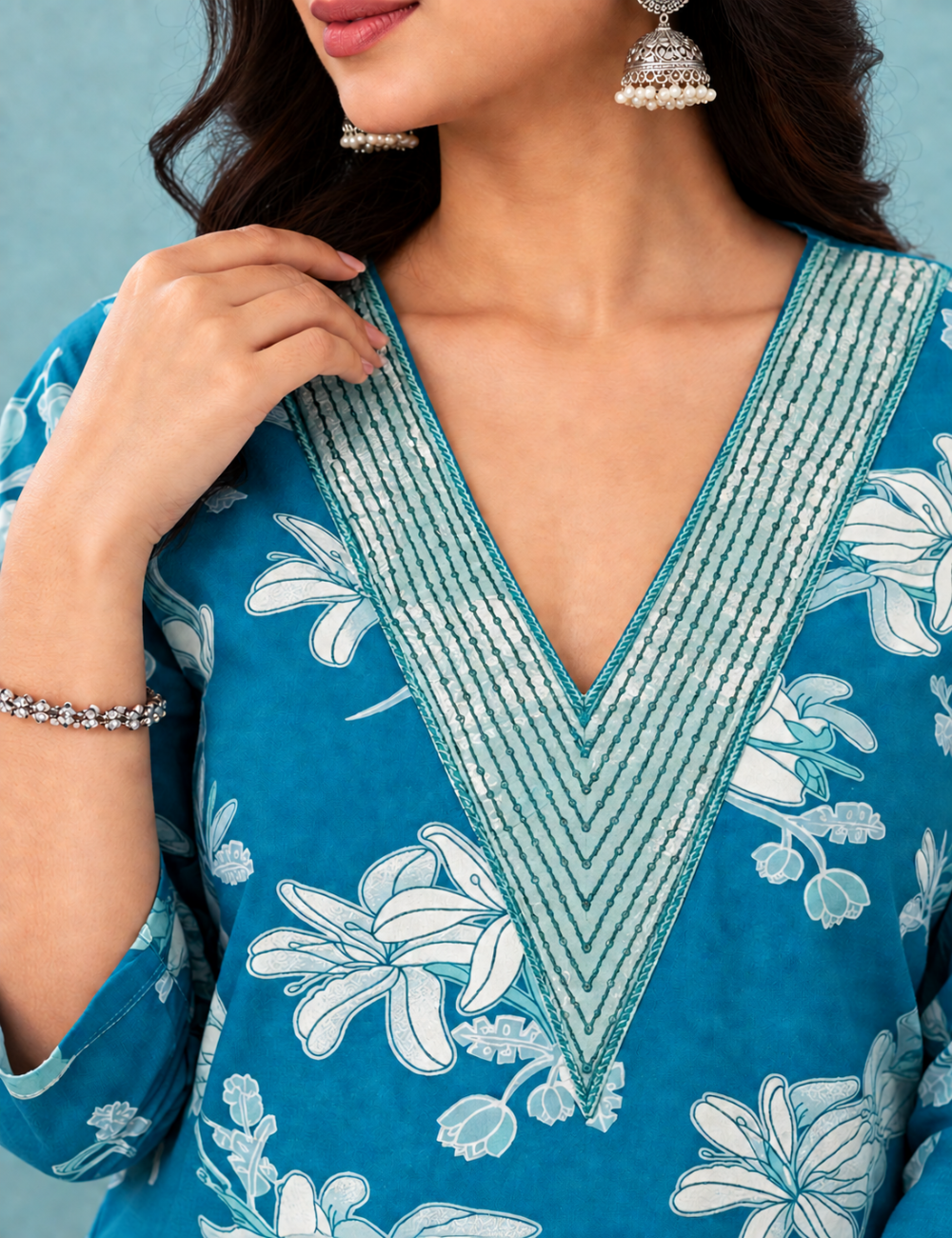 Azure Blue Rayon Floral Printed 3/4-Sleeve Cord Set with V-Neckline and Matching Trouser HC2P01
