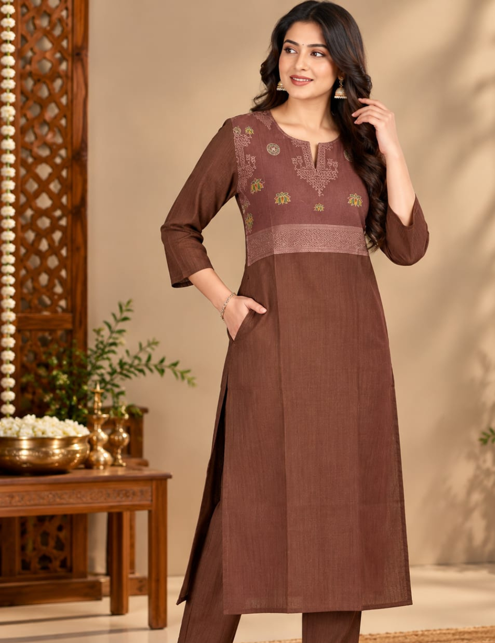 Deep Brown Side Cut Kurti with Traditional Yoke Embroidery & Side Pocket HCK37