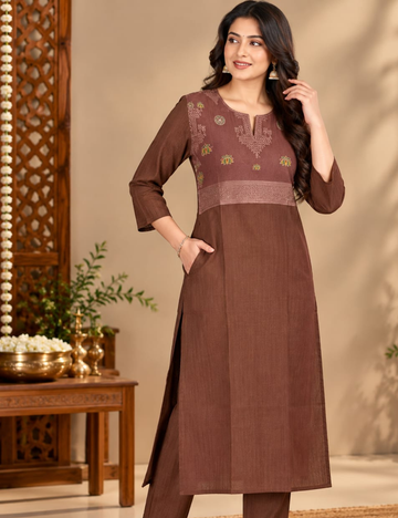 Deep Brown Side Cut Kurti with Traditional Yoke Embroidery & Side Pocket HCK37