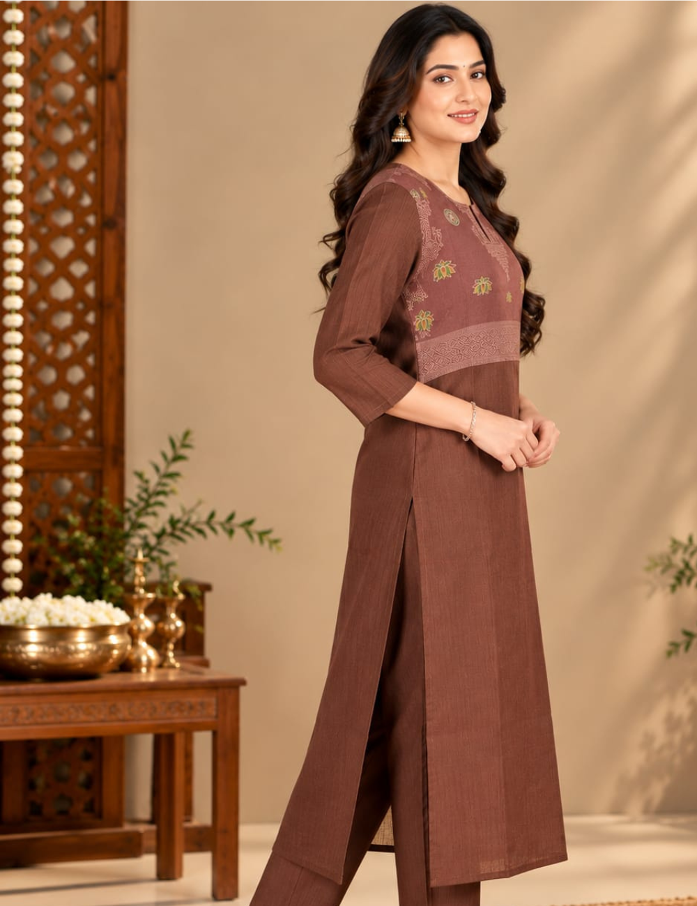 Deep Brown Side Cut Kurti with Traditional Yoke Embroidery & Side Pocket HCK37