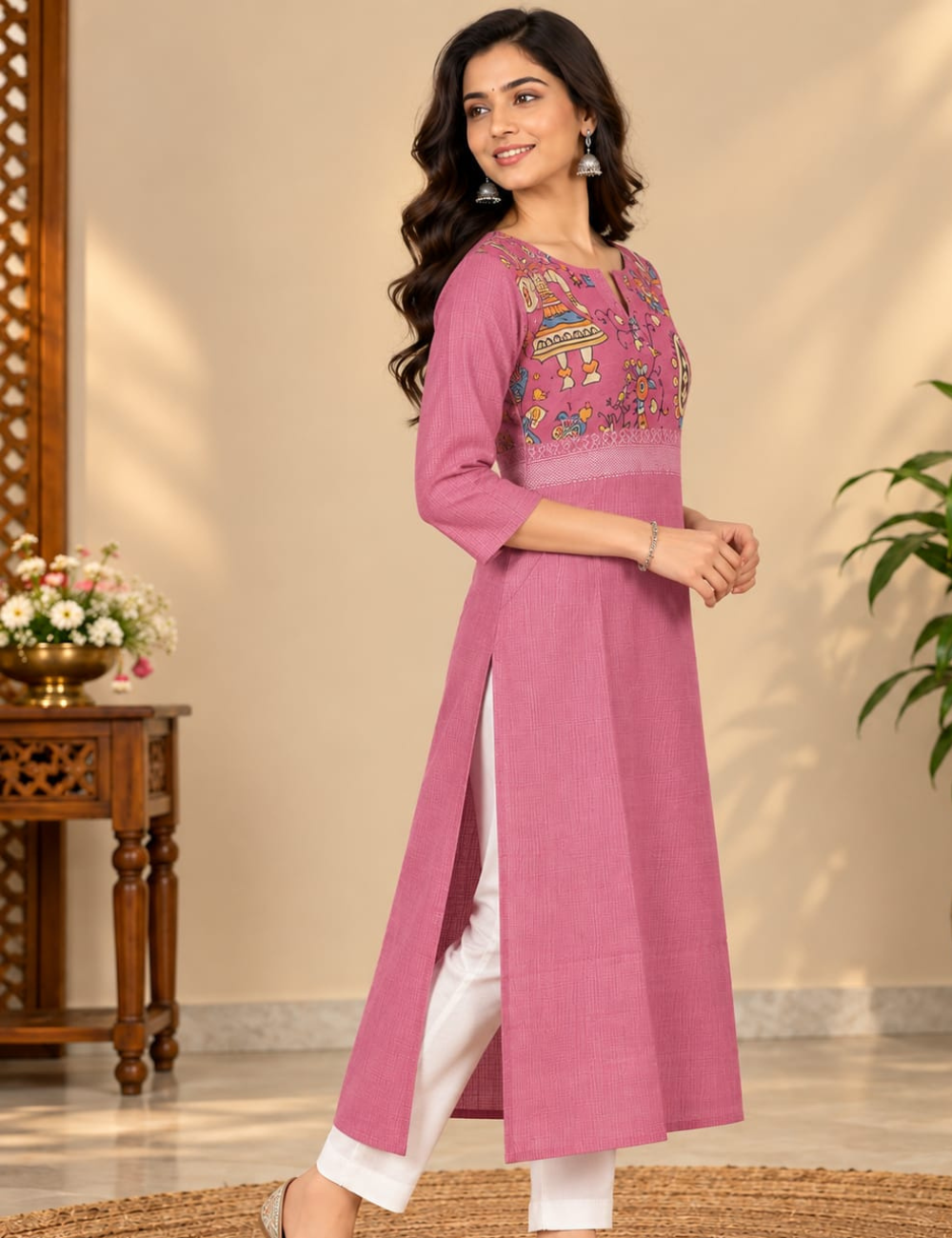Mauve Pink Side Cut Kurti with Kalamkari Yoke Art & Side Pocket HCK38