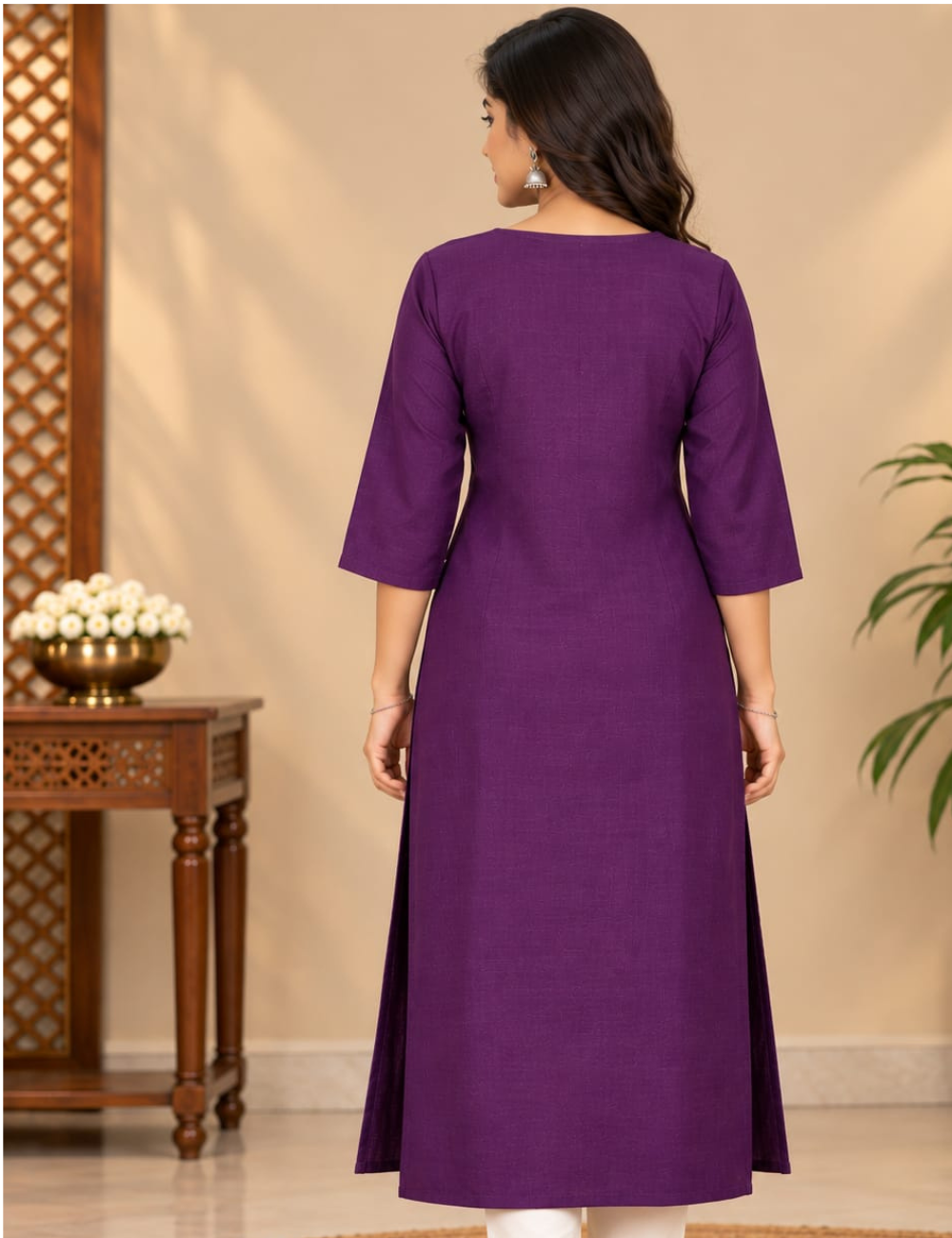 Dark Violet Side Cut Kurti with Kalamkari Peacock Printed Yoke & Pocket HCK36
