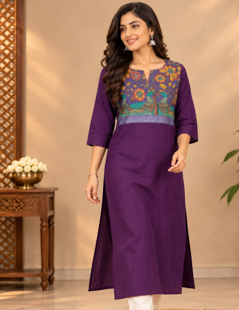 Dark Violet Side Cut Kurti with Kalamkari Peacock Printed Yoke & Pocket HCK36