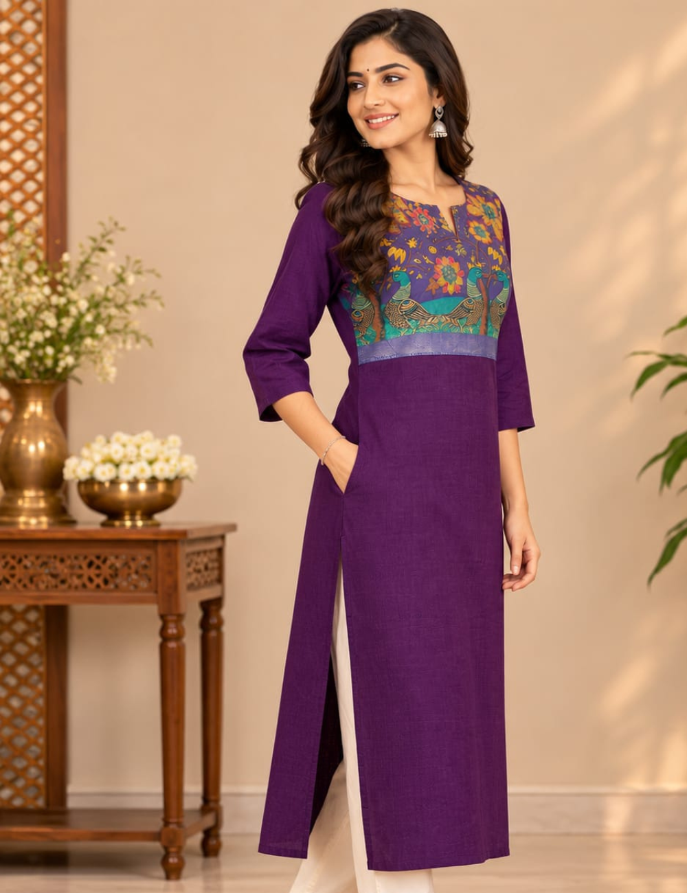 Dark Violet Side Cut Kurti with Kalamkari Peacock Printed Yoke & Pocket HCK36