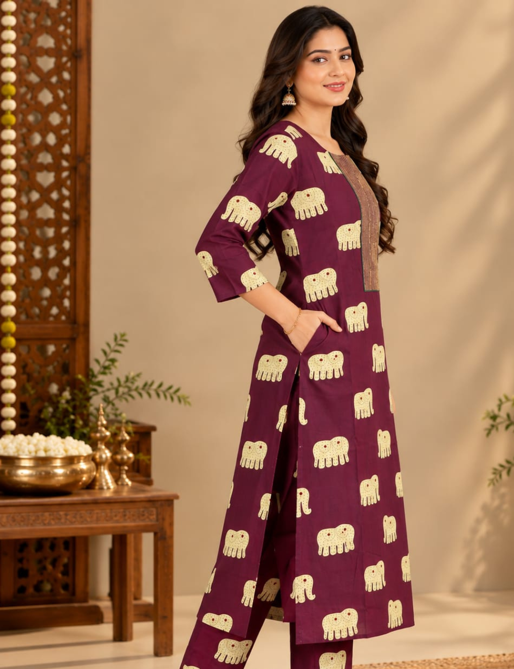 Dark Raspberry Side Cut Kurti with Striped Yoke & Traditional Elephant Print HCK35