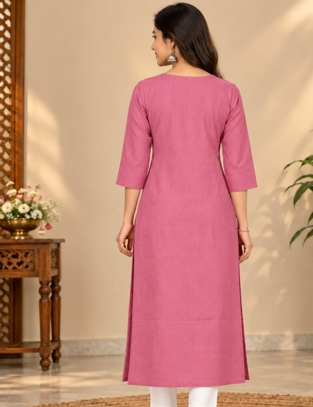 Mauve Pink Side Cut Kurti with Kalamkari Yoke Art & Side Pocket HCK38