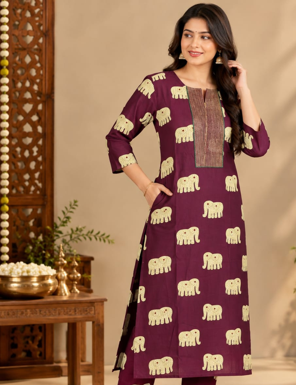 Dark Raspberry Side Cut Kurti with Striped Yoke & Traditional Elephant Print HCK35