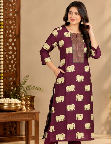 Dark Raspberry Side Cut Kurti with Striped Yoke & Traditional Elephant Print HCK35