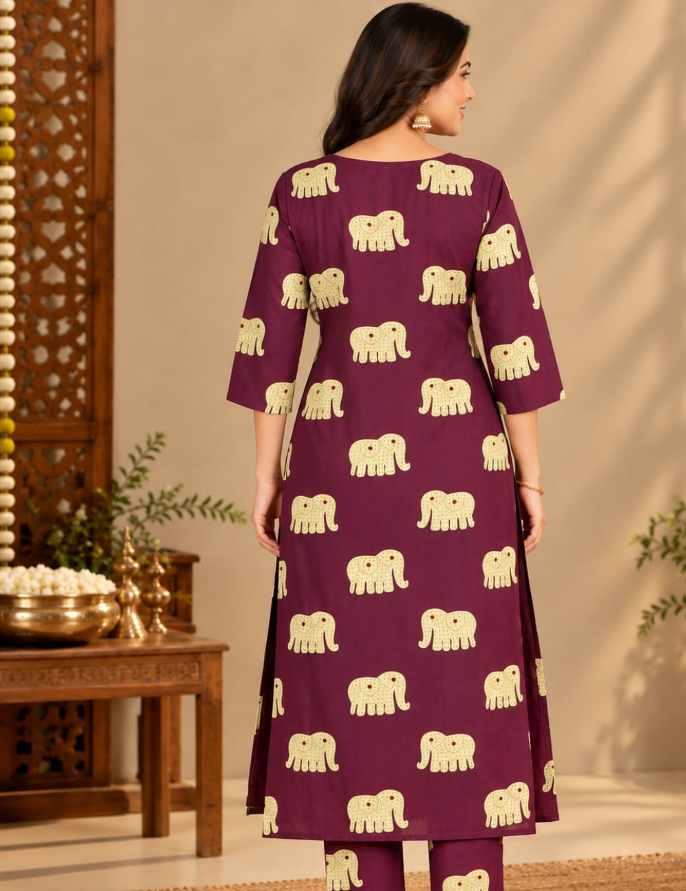 Dark Raspberry Side Cut Kurti with Striped Yoke & Traditional Elephant Print HCK35