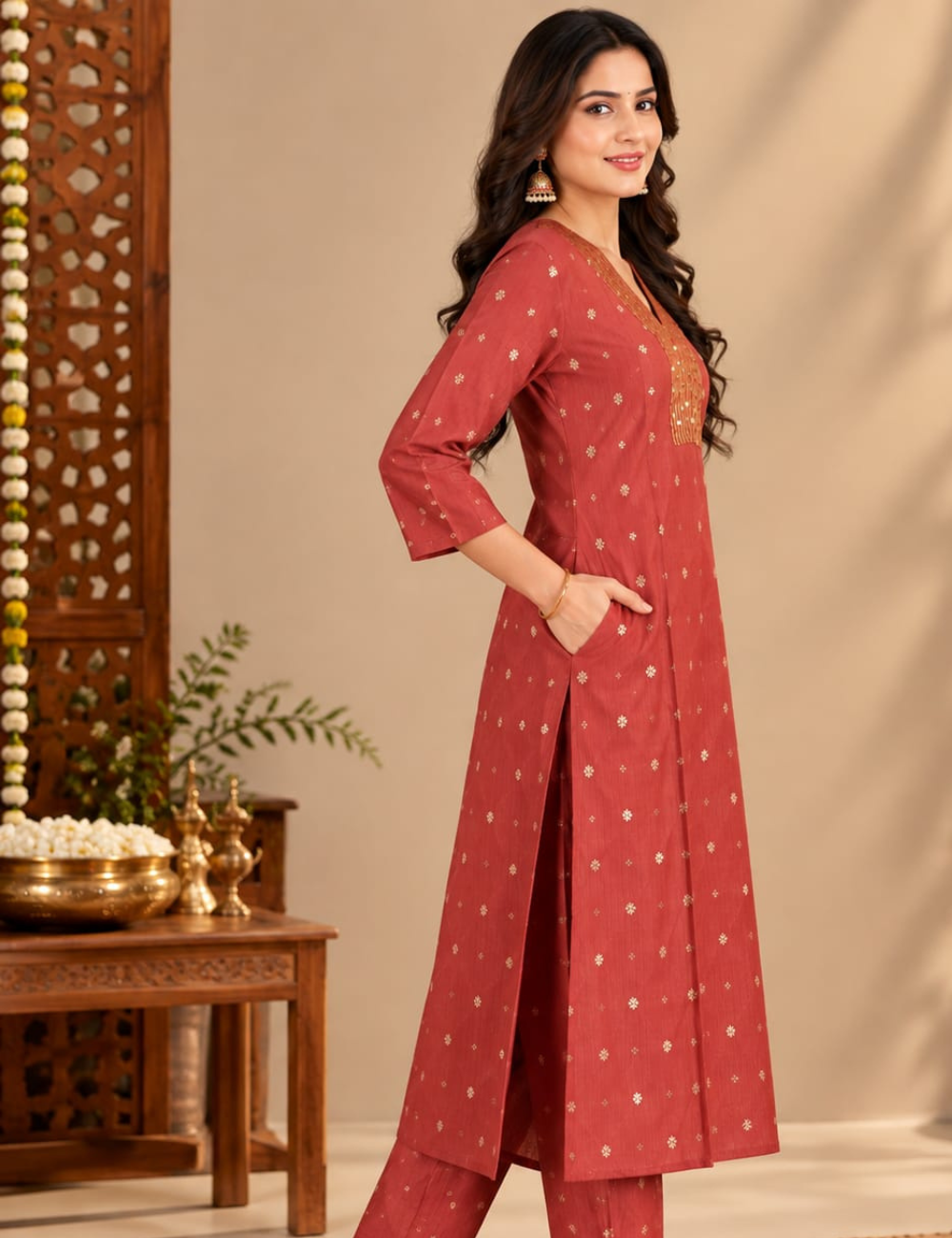 Brick Red Side Cut Kurti with Sequined V-Neckline & Foil Print HCK34