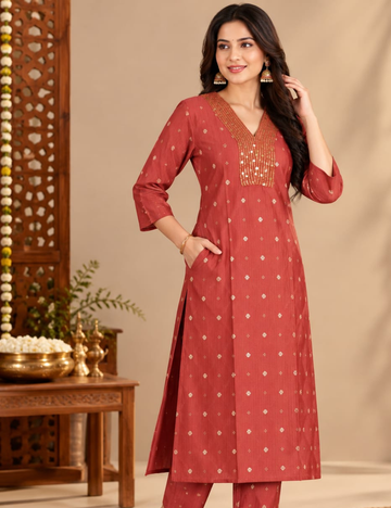 Brick Red Side Cut Kurti with Sequined V-Neckline & Foil Print HCK34