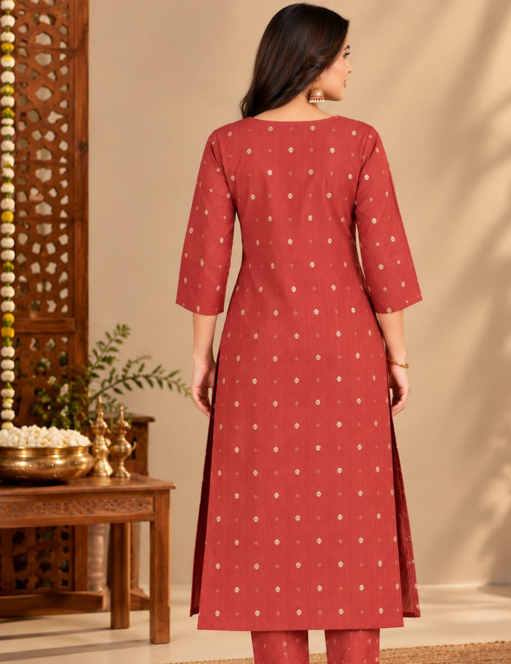 Brick Red Side Cut Kurti with Sequined V-Neckline & Foil Print HCK34