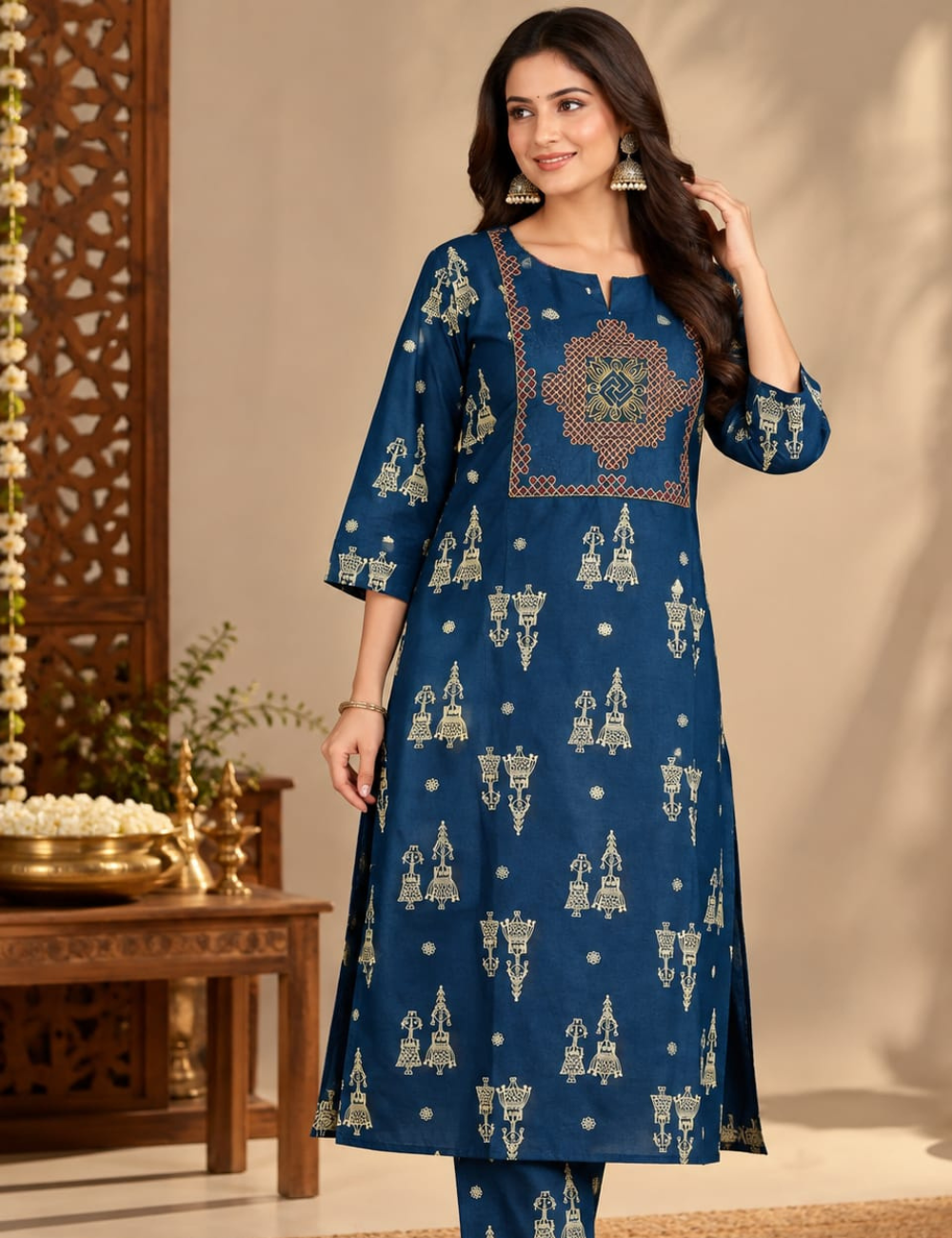 Dark Blue Side Cut Kurti with Traditional Yoke Embroidery & Side Pocket HCK33