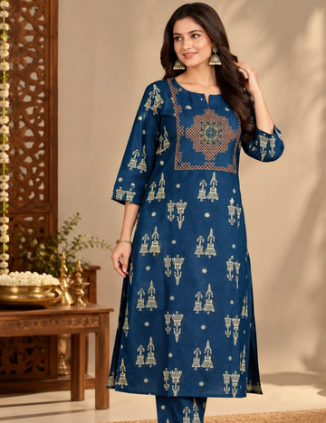 Dark Blue Side Cut Kurti with Traditional Yoke Embroidery & Side Pocket HCK33