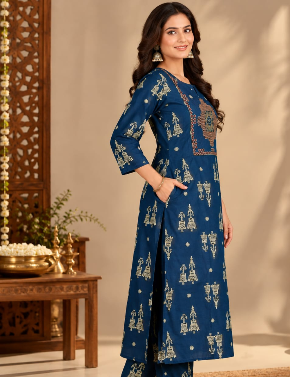Dark Blue Side Cut Kurti with Traditional Yoke Embroidery & Side Pocket HCK33