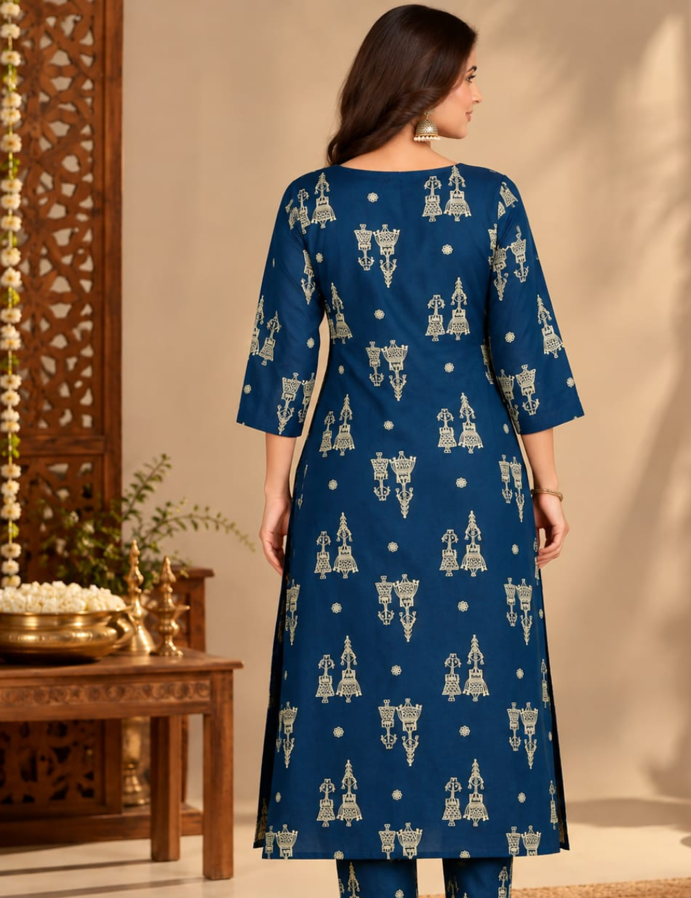 Dark Blue Side Cut Kurti with Traditional Yoke Embroidery & Side Pocket HCK33