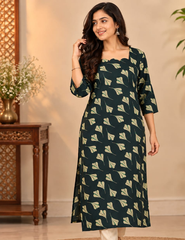 Bottle Green Side Cut Kurti with Scalloped Neckline & Leaf Motif Print HCK32