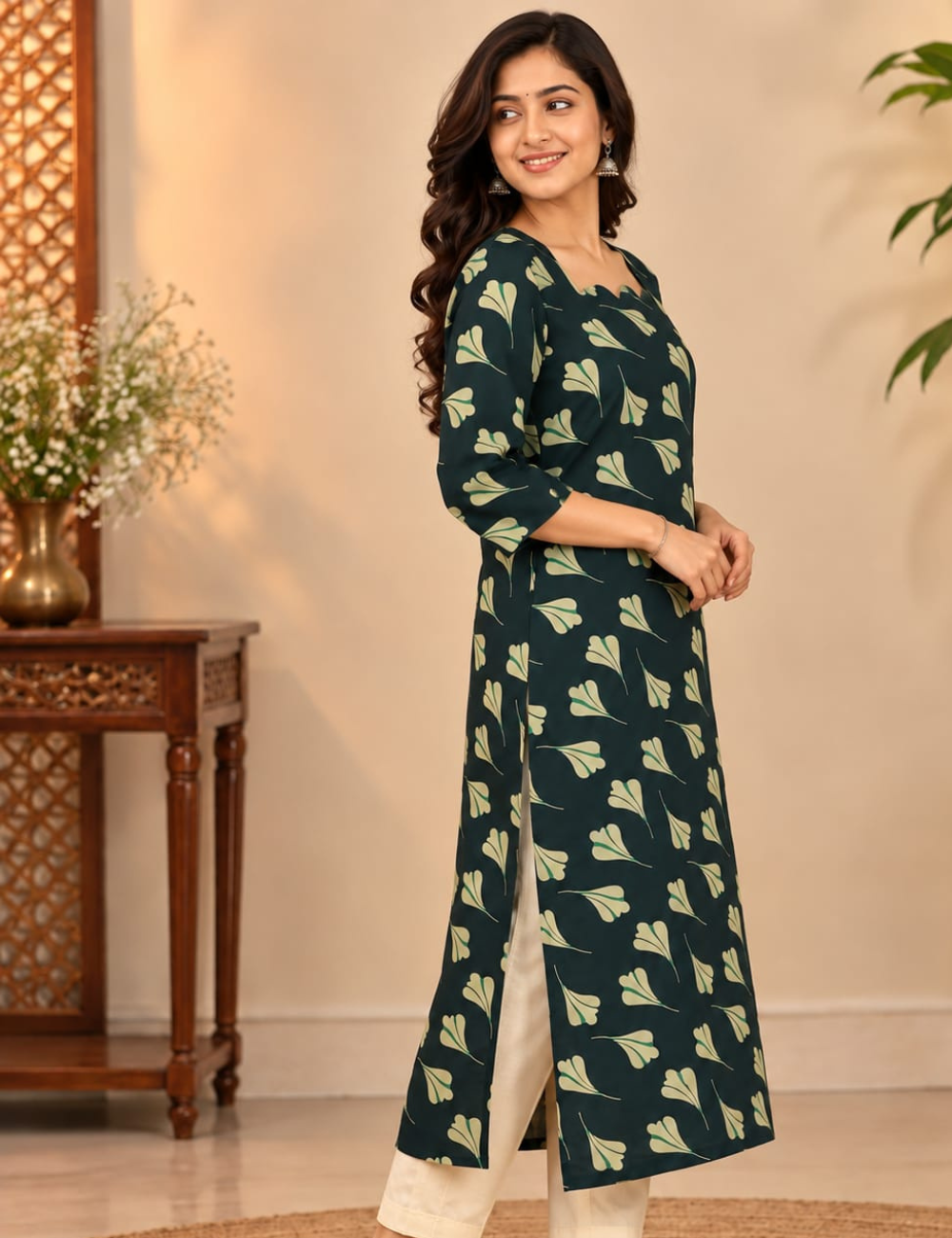 Bottle Green Side Cut Kurti with Scalloped Neckline & Leaf Motif Print HCK32