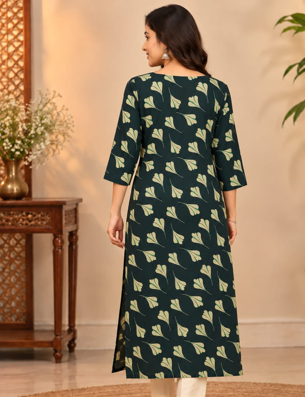 Bottle Green Side Cut Kurti with Scalloped Neckline & Leaf Motif Print HCK32