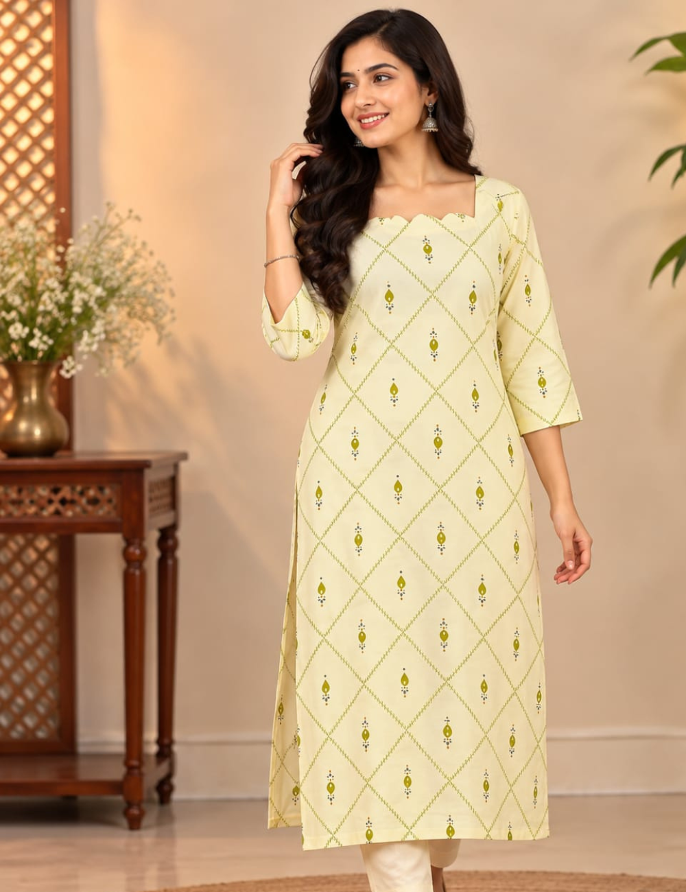 Half White Side Cut Kurti with Scalloped Neckline & Geometric Lattice Print HCK31