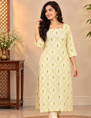 Half White Side Cut Kurti with Scalloped Neckline & Geometric Lattice Print HCK31