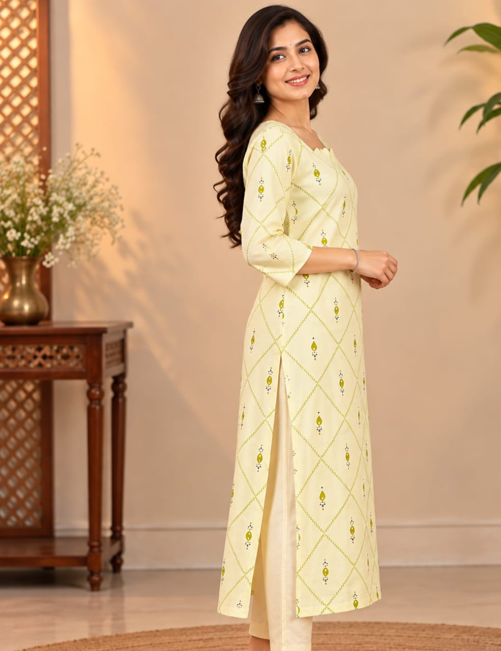 Half White Side Cut Kurti with Scalloped Neckline & Geometric Lattice Print HCK31