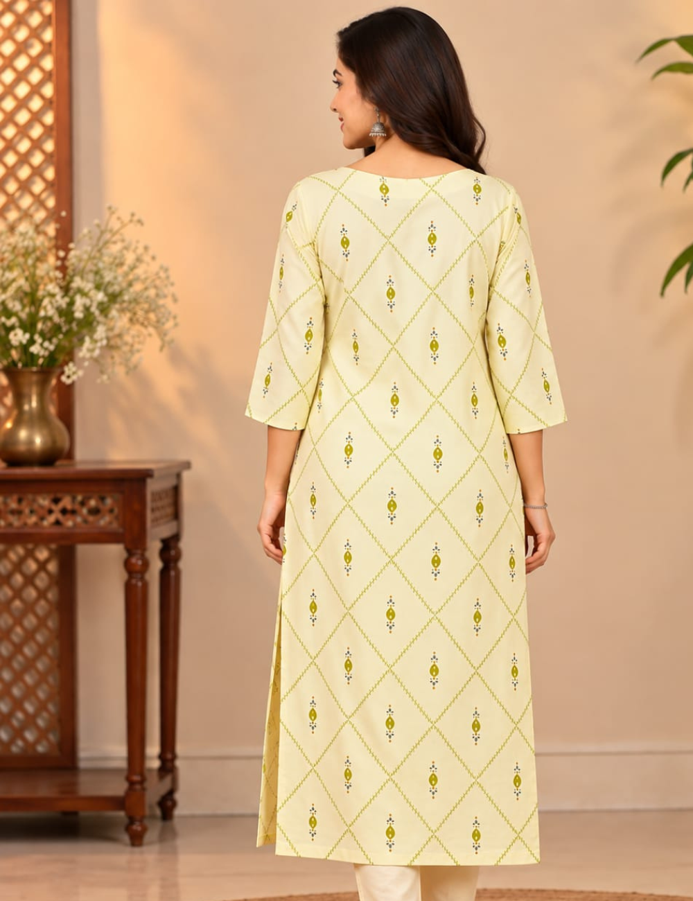 Half White Side Cut Kurti with Scalloped Neckline & Geometric Lattice Print HCK31