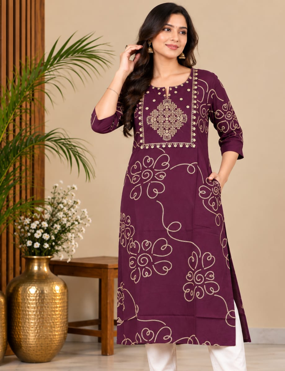 Dark Plum Side Cut Kurti with Golden Floral Yoke Embroidery & Pocket HCK30
