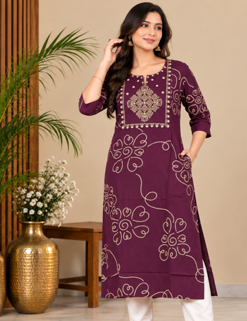Dark Plum Side Cut Kurti with Golden Floral Yoke Embroidery & Pocket HCK30