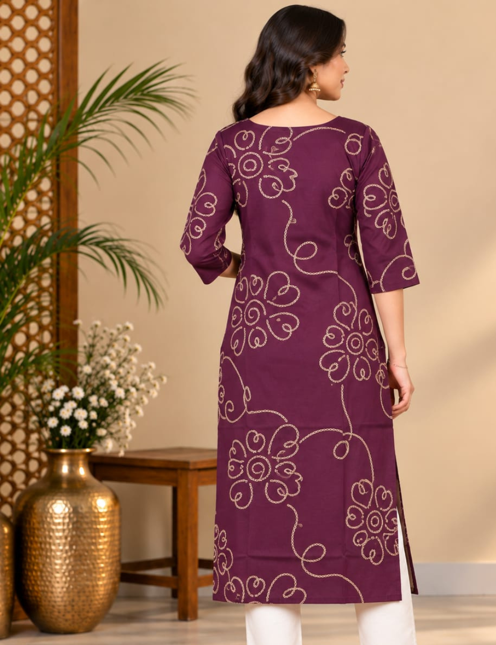 Dark Plum Side Cut Kurti with Golden Floral Yoke Embroidery & Pocket HCK30