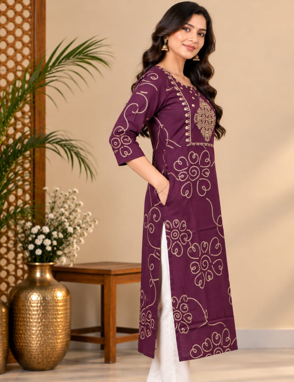 Dark Plum Side Cut Kurti with Golden Floral Yoke Embroidery & Pocket HCK30