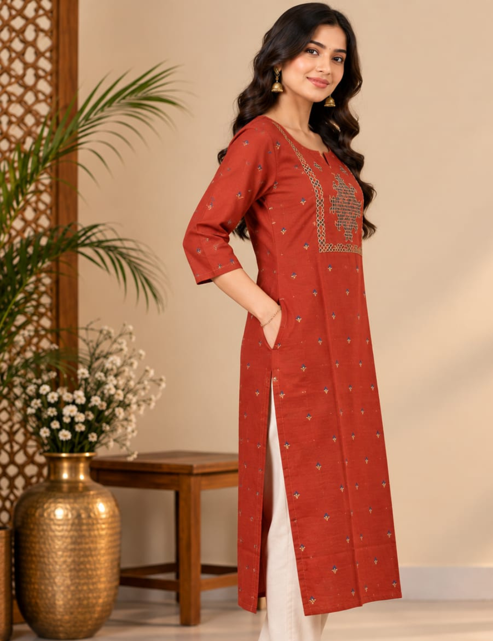 Rust Orange Side Cut Kurti with Geometric Yoke Embroidery & Side Pocket HCK29