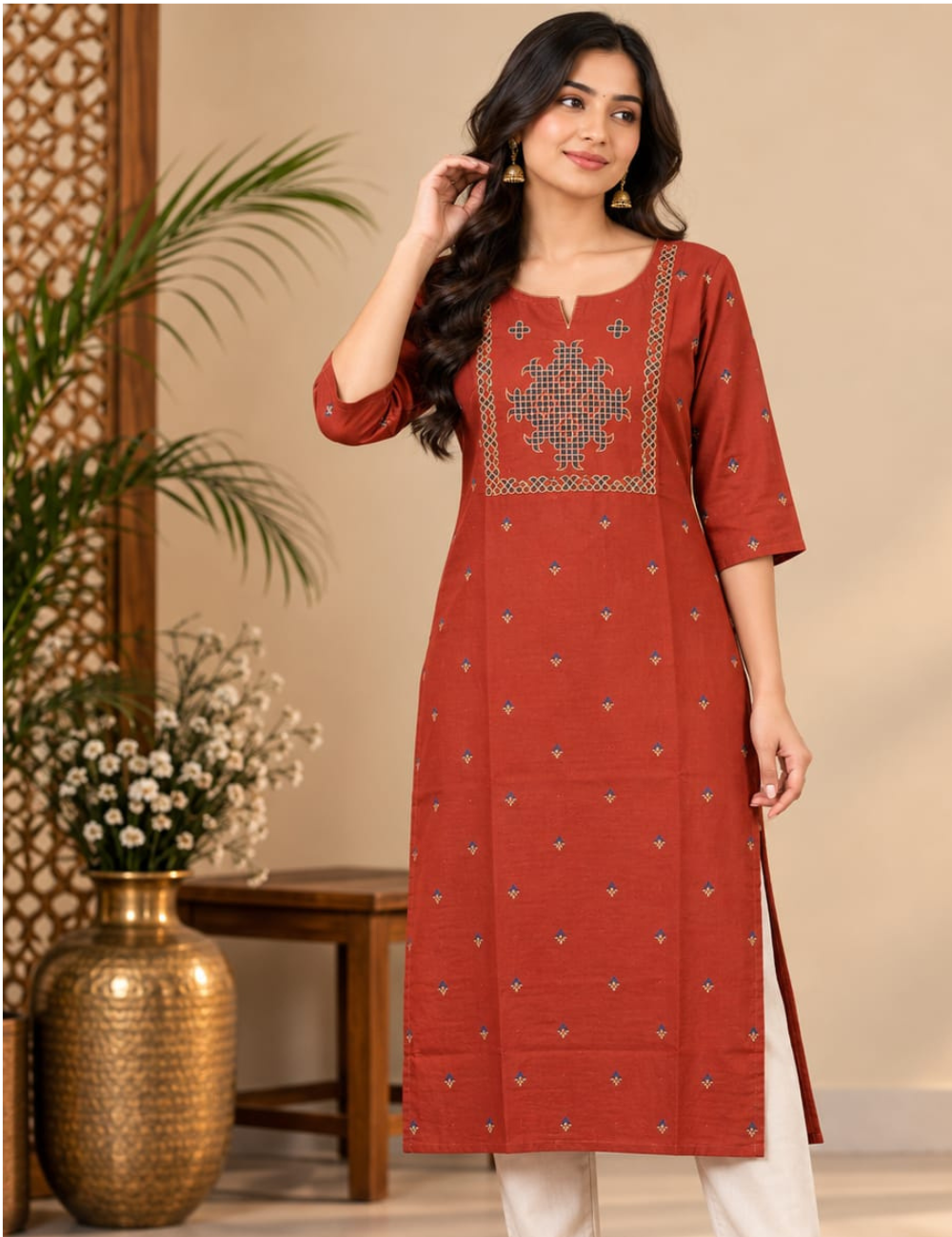 Rust Orange Side Cut Kurti with Geometric Yoke Embroidery & Side Pocket HCK29