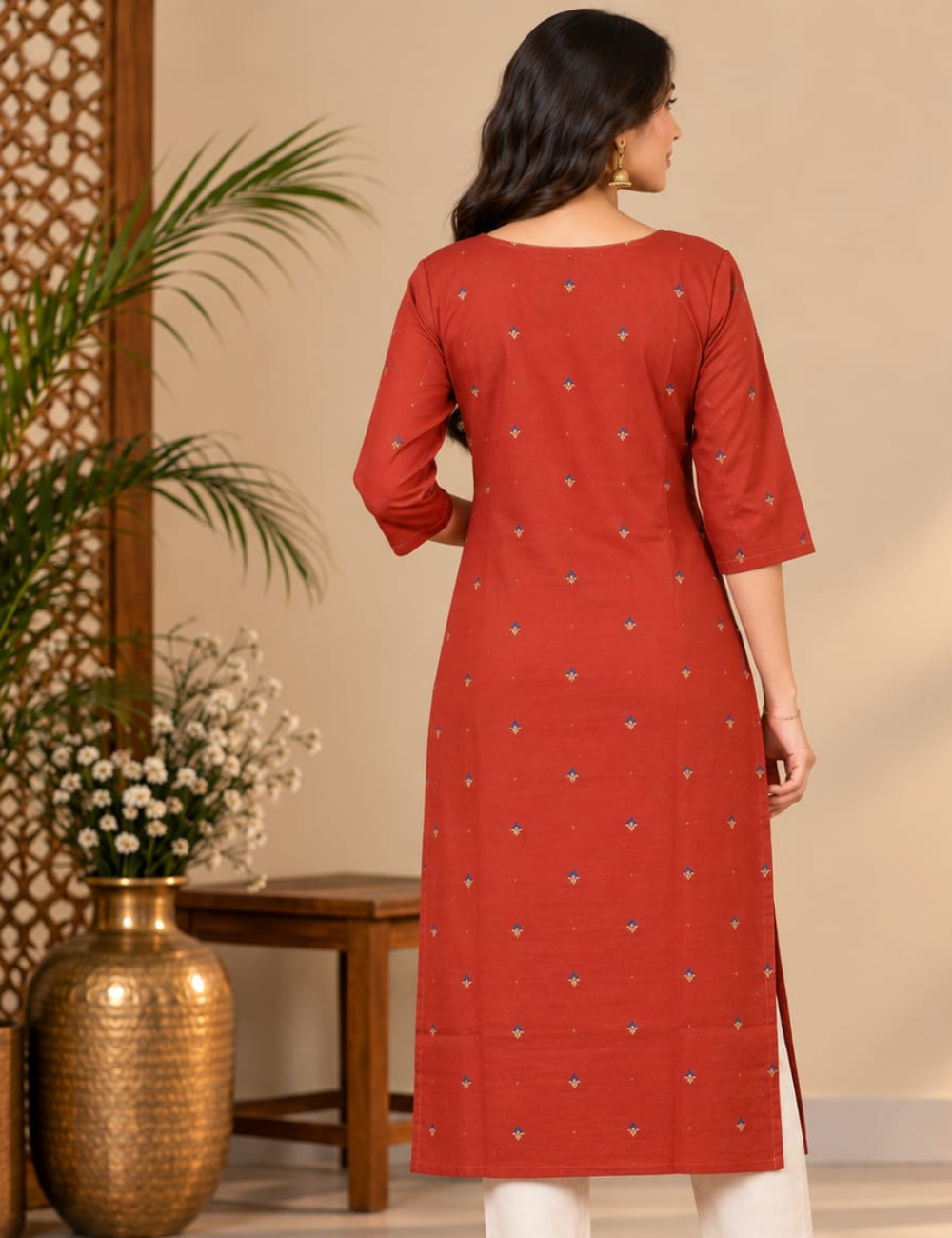 Rust Orange Side Cut Kurti with Geometric Yoke Embroidery & Side Pocket HCK29