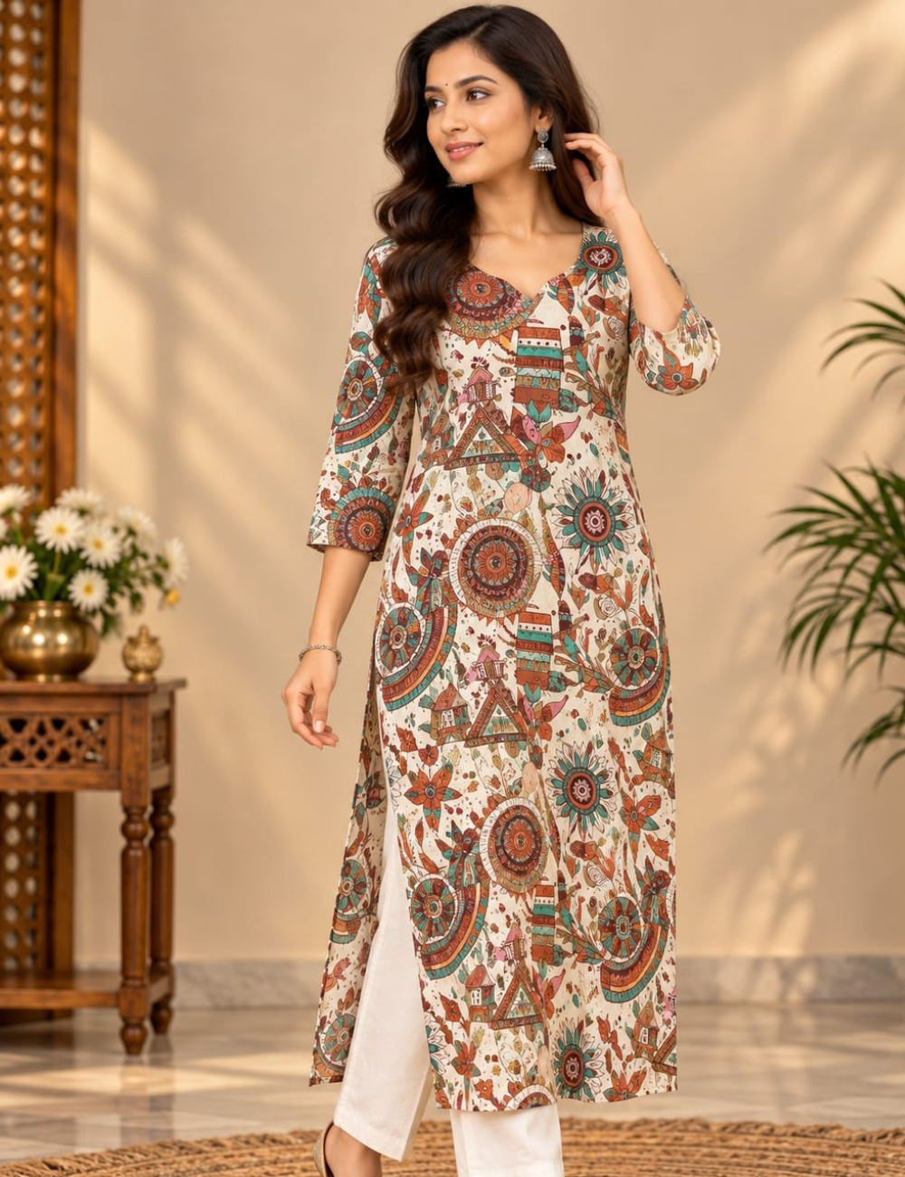 Beige Side Cut Kurti with Kalamkari Mandalas & Village Art Print HCK40