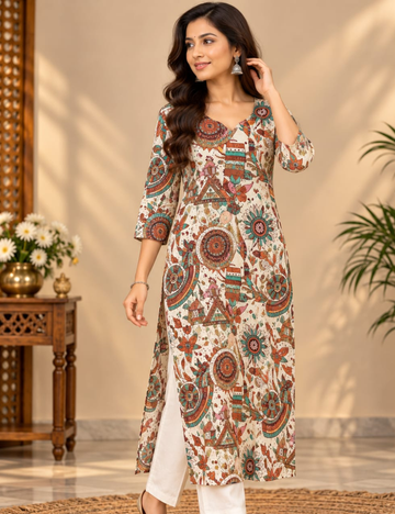 Beige Side Cut Kurti with Kalamkari Mandalas & Village Art Print HCK40