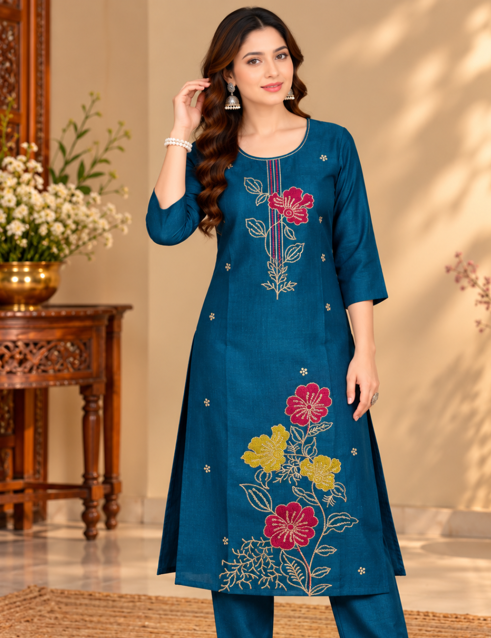 Deep Ocean Blue Vichitra Side Cut Kurti with Lining HCK15