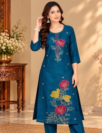 Deep Ocean Blue Vichitra Side Cut Kurti with Lining HCK15
