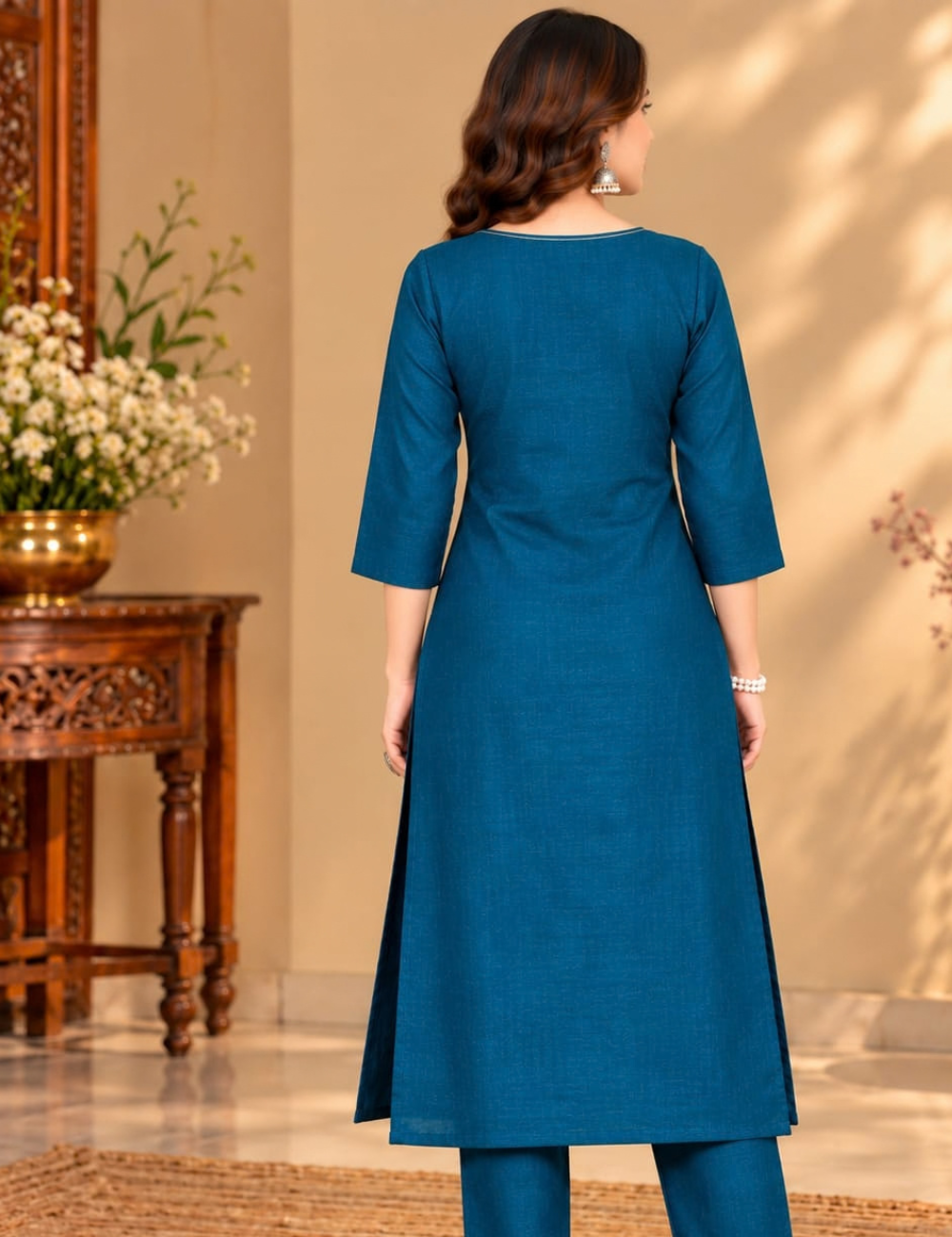 Deep Ocean Blue Vichitra Side Cut Kurti with Lining HCK15