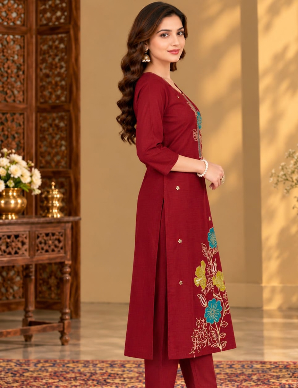 Maroon Side Cut Vichitra Kurti with Turquoise Blue and Olive Floral Embroidery With Lining HCK16
