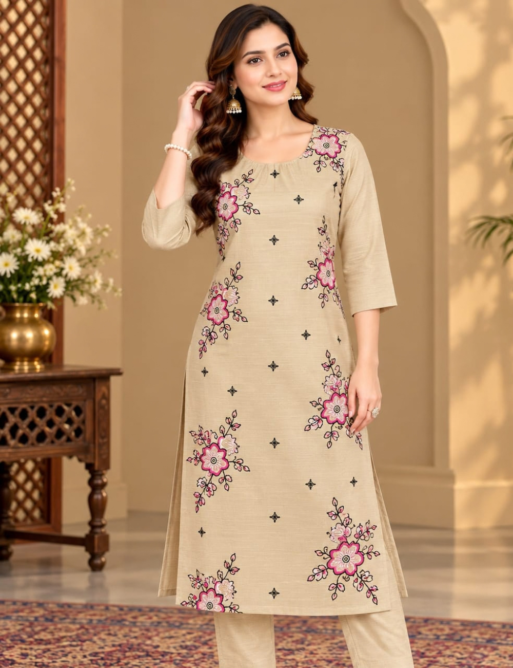 Beige Color Vatican Side Cut Kurti with Floral Embroidery and Matching Pants HCK09
