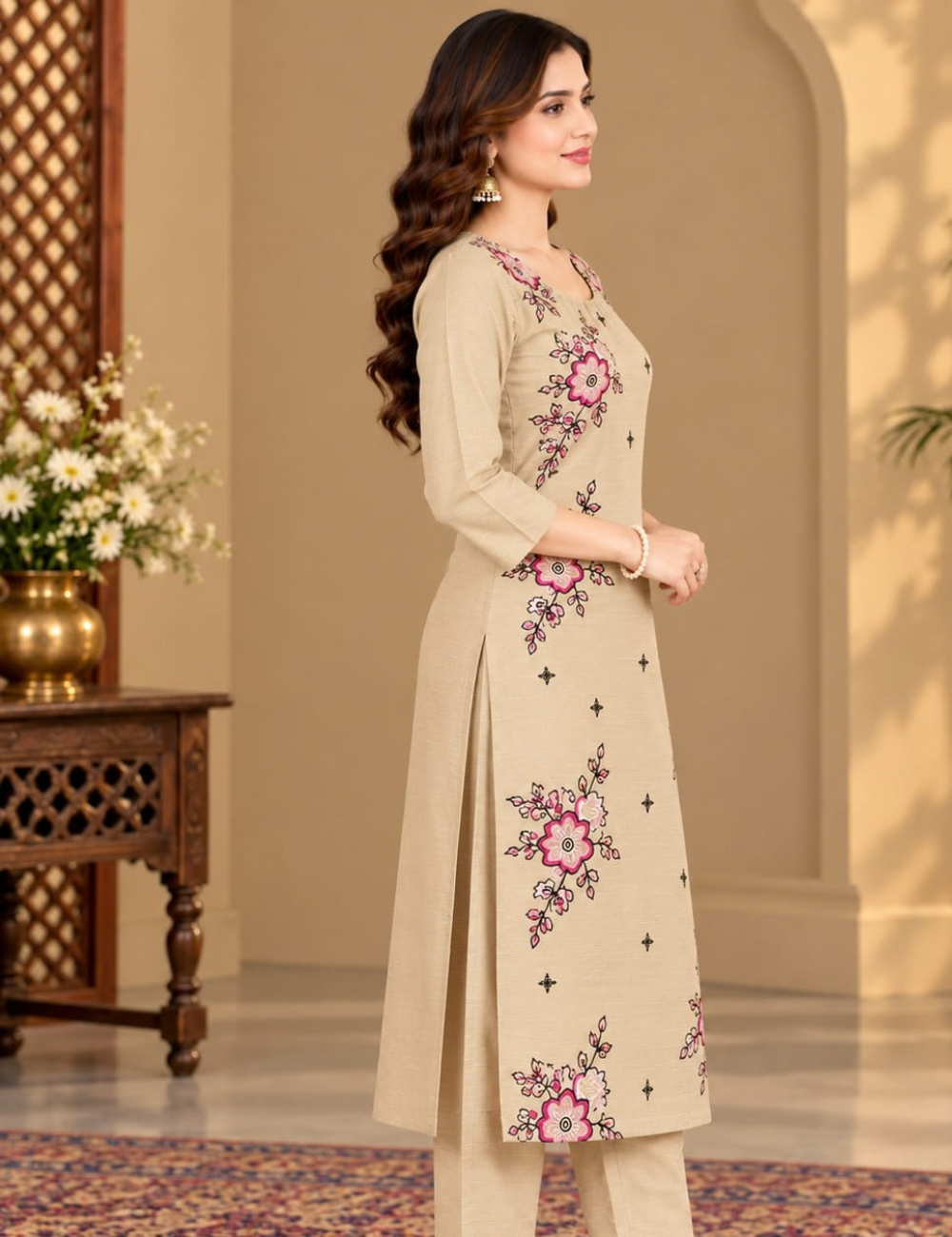 Beige Color Vatican Side Cut Kurti with Floral Embroidery and Matching Pants HCK09