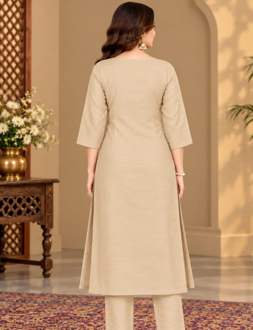 Beige Color Vatican Side Cut Kurti with Floral Embroidery and Matching Pants HCK09