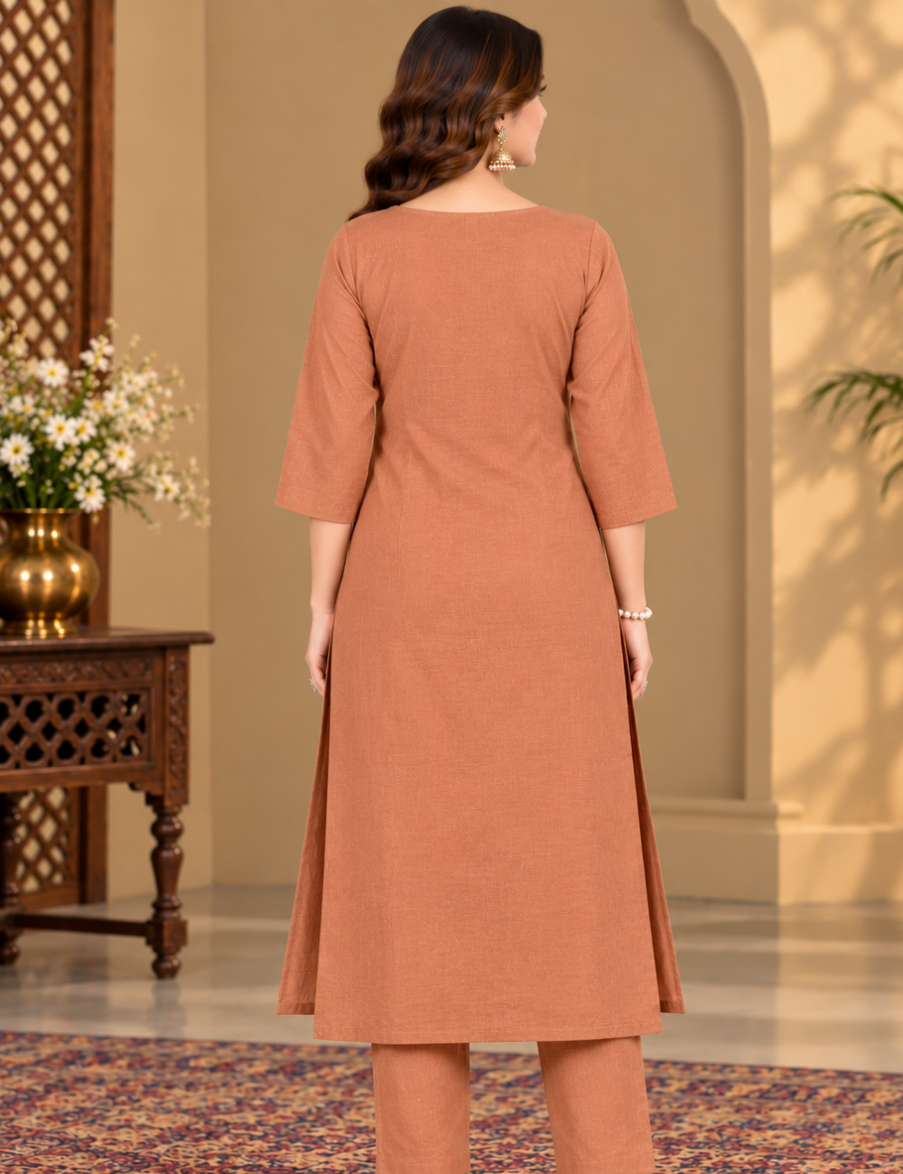 Terracotta Brown Color Vatican Silk Side Cut Kurti with Teal Floral Embroidery HCK10