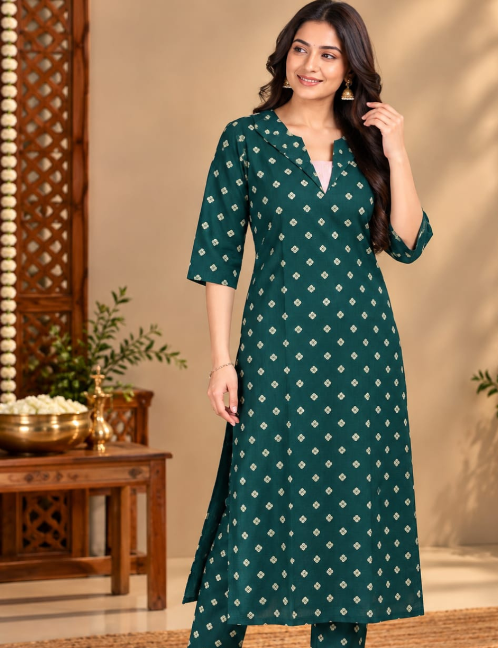 Deep Emerald Green Side Cut Kurti with Lapel Collar & Side Pocket HCK39