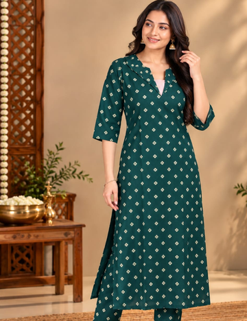 Deep Emerald Green Side Cut Kurti with Lapel Collar & Side Pocket HCK39