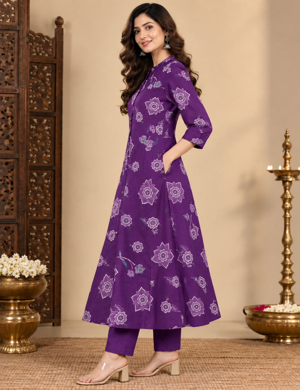 Vatican 2 Piece Floral Printed 3/4-Sleeve Kurti Set with Mandarin Collar, Button Placket, and Matching Trousers HC2P08