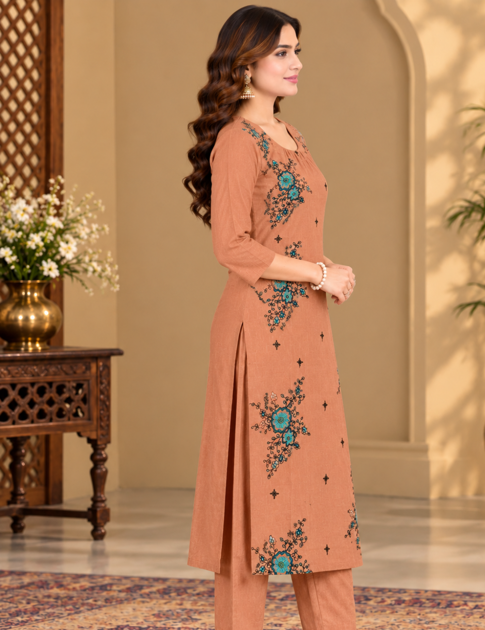 Terracotta Brown Color Vatican Silk Side Cut Kurti with Teal Floral Embroidery HCK10